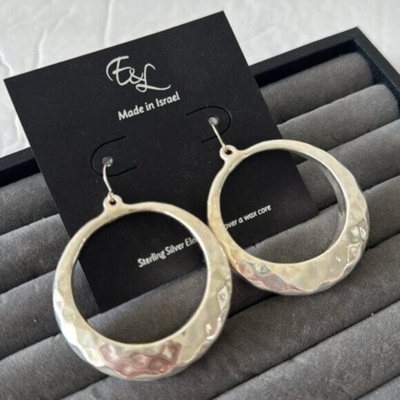 E&L Israel 925 Sterling Silver Circle Hammered Electroform Dangle Earrings - Picture 2 of 15
